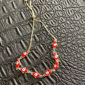 Red Evil Eye Bracelet with Gold Box Chain Bolo Chain Adjustable to fit your Size